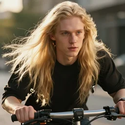 close up portrait photo of a pale young man with really long blond hair riding a scooter, high quality, golden hour