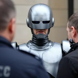 robocop arresting british person, detailed facial expression
