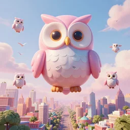elaborate, giant, massive, detailed, 3 d, pastel, blowup balloon owls floating in a 3 d painted, pastel sky with clouds and birds, cinematic, 3 d designed city, 4 k by'eva cremers'and'lesley barnes'and'jordan coelho'and wes anderson and james jean