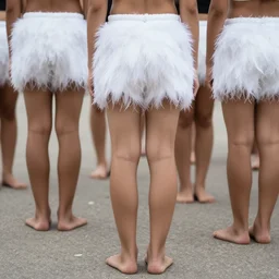 realistic documentary photo of a a group of students wearing white fluffy feather shorts, very long cylinder heads, standing in a science laboratory 1 9 9 0, life magazine reportage photo, neutral colors, neutral lighting