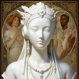 white statue!! portrait of a cyberpunk machine, machine face, upper half portrait, decorated with beads, african man, traditional chinese art, intricate, elegant, highly detailed, headpiece, digital painting, artstation, concept art, smooth, sharp focus, illustration, art by artgerm and greg rutkowski and alphonse mucha, 8 k