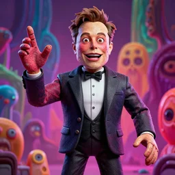 the world's richest man is a ventriloquist dummy from hell!, psychedelic horror trip, elon musk! as the puppet master, dmt textures, trending on artstation, photorealism, vibrant colors, digital art, octane render