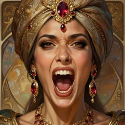 mindblowing portrait of an elegant tan woman in her 5 0 s, ornate turban, brown eyes, ruby and gold jewelry, screaming, deep focus, symmetrical face, d & d, fantasy, intricate, highly detailed, artstation, concept art, matte, sharp, illustration, hearthstone, digital painting by artgerm, greg rutkowski, alphonse mucha