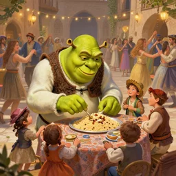shrek eats couscous with his family at a moroccan festival while everyone dances in joy, highly detailed, digital painting, artstation, concept art, sharp focus, illustration, art by greg rutkowski and alphonse mucha