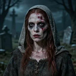 head and shoulders photo portrait of a female medieval villager zombie in a dark nighttime medieval graveyard, d & d