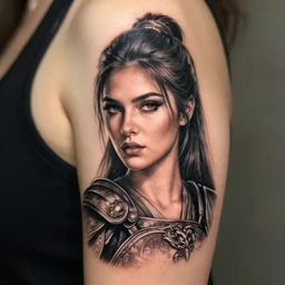 a realistic tattoo design that has a beautiful warrior woman on the bottom and a tiger head on the top, highly detailed