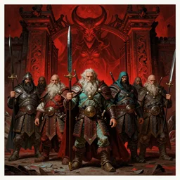 concept art, aged dwarf warrior gang stand at the gates of hell, poster style, ornate, red, turquoise, detailed, dramatic, moody lighting, by paul pope, travis charest, gustave dore, hiroshi yoshida, moebius, artgerm, cinematic