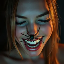 a ultra high resolution close - up of a beautiful and seductive young woman standing in front of the camera looking down at the camera. her face is partially covered by spiders that exit from her mouth, and she has a smiling expression and laughing loud. the light is dim, and the colours are muted. kodak etkar 1 0 0.
