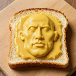 artisan mustard in the shape of dwayne johnson's head, spread on toast. food photograph.