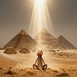 lizard meditating in desert, photo, pyramids, light shafts, wisps, sandstorm, light diffusion, godly, ascending