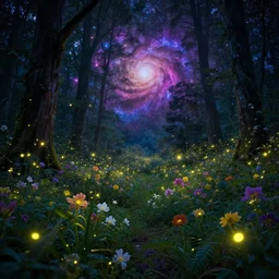 a forest full of flowers and fireflies, 8 k, fantasy, magic, vibrant, galaxy