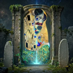 ancient overgrown! ruins, medieval gates, runestones, mysetrious etherial mesmerizing runic!!, eyes, magical elven geometry, concept art by gustav klimt!, deviantart contest winner, environmental art, high detail, greg rutkowski
