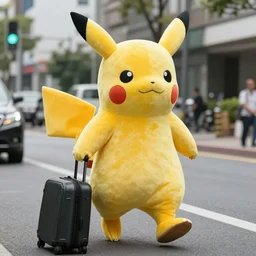 A photograph of a man going to work in a pikachu suit
