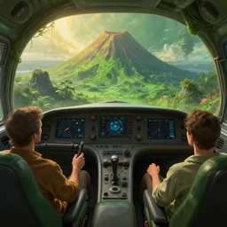 extremely detailed cockpit, view of lush volcanic planet, soft light, golden glow, jade green, diffuse lighting, fantasy, intricate, surrealism!!!!, highly detailed, lifelike, photorealistic, digital painting, artstation, illustration, concept art, smooth, sharp focus, by greg rutkowski, chris tulloch mccabe, valentina remenar and asher duran