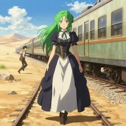 makoto shinkai, artgerm, ilya kuvshinov, steampunk beautiful anime woman, full body, victorian dress, green hair, symmetrical face, symmetrical eyes, action scene, train in the desert, detailed, summer setting, cinematic lighting