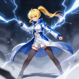 anime young girl with blonde ponytail wearing white and blue long jacket in a taunting stance surrounded by lightning streaks, wlop, concept art, digital painting, trending on artstation, highly detailed, epic composition, 8 k uhd