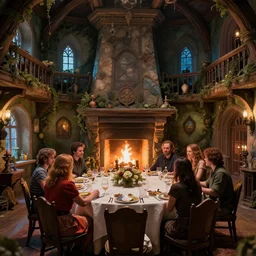 the inside of an enchanted feywild mansion, with several people sitting around a long dinner table, in front of a fireplace, dungeons and dragons, 4 k, highly detailed, vibrant colors
