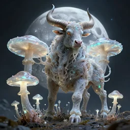 a theriomorphic holobiont, mushroom, concept art, mycorrhiza, bull god with horns, moon, translucidluminescence, iridescent, intricate, kim jung gi, james jean, horsley, organic detail, cinematic, epic wide shot, ultra detailed, sharp focus, smooth, global illumination, photorealistic, 8 k render