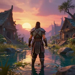 full length portrait of a male warrior exploring a mysterious abandoned village, rendered in bryce 3 d, video game, prerendered 3 d cgi, ray - tracing, water ripples, sunset, vibrant color, mysterious atmosphere, depth of field, cinematic lighting, focused, rule of thirds, trending on artstation