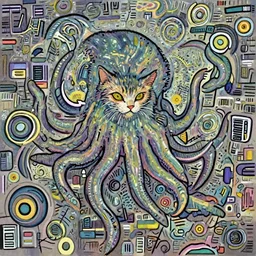 cat by van gogh, denoised, fighting Cthulhu, sci fi, cyberpunk 8k