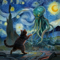 cat by van gogh, denoised, fighting Cthulhu, sci fi, cyberpunk 8k