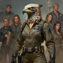 epic professional digital art of female human - eagle hybrid animal wearing air force jumpsuit, humanoid feathered head, eagle beak, painting, by steve ditko, artgerm, todd mcfarlane, leesha hannigan, artstation, cgsociety, wlop, epic, much wow, much detail, gorgeous, detailed, cinematic, masterpiece