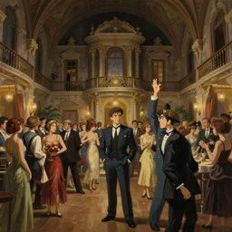 craig mullins and ghibli and james gurney detailed realist painting of a 1 9 2 0 s grand party in a beautiful mansion, vaulted ceiling, many partygoers, strong contrast, unreal engine, hyper realism, realistic shading, cinematic composition, realistic render, octane render, detailed textures, photorealistic, wide shot, 3 5 mm film
