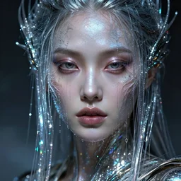 detailed face of an evolved advanced woman, lush, opulent, light cascade, shimmer, utopian, tech noir, wet reflections, prism, atmospheric, ambient, pj crook, syd mead, livia prima, artgerm, greg rutkowski, nick alm, casey baugh