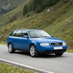 Denim Blue Audi A4 B5 Avant (1997) on a mountain road, wide shot