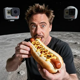 robert downey jr eating a delicious hot dog on the moon, gopro selfie with a fisheye lens