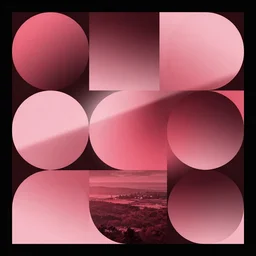 poster, modern graphic design, circles and squares, pink and red gradients, digital artwork