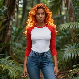 nagatoro accurate brown skin color, using white and red tight raglan sleeves, tight blue jeans, in a tropical forest, burning hair glowy fire flames hair in flames hair fire hair on fire, artstation, 3 d ray tracing, lumen, octane render flawless masterpiece concept art professionally post processed by wlop
