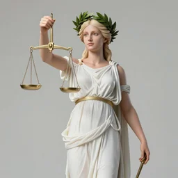 a full body portrait of themis the greek goddess, wearing a laurel wreath, holding the balance scale of justice, extremely beautiful, accurate anatomy, by artgerm and by greg rutkowski and by alphonse mucha and by simon bisley, radiant light, detailed and intricate environment,
