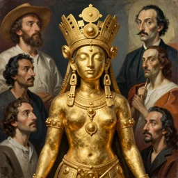 portrait of a Chibcha gold goddess by Kowalski and Heckel and Ríos and Rutkowski and Mucha and Brom and Miller and Botero and Dalí and El Greco and Kalho