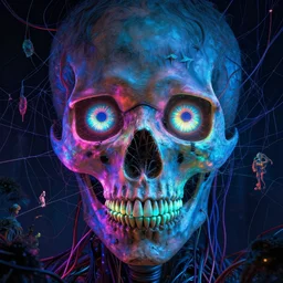death, neon, he is watching, eyes, webs, RGB, glowing  everywhere, wires, pristine, future, nature, by Ross Tran, Zdzisław Beksiński, Junji Ito, and Michael Whelan, distant, gustav dore, H.R. Giger, 8k, hd, 4k, hyper, octane render