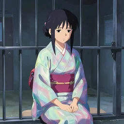 beautiful young Himalayan woman, sitting in a prison cell, sad, futuristic, somber, iridescent sci-fi kimono, by Makoto Shinkai and Wojtek Fus, by studio trigger, rossdraws, ambient occlusion, clean lineart and color, vibrant