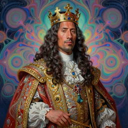 beautiful oil painting, portrait of Dwayne the rock Johnson as Louis xiv in coronation robes 1701, Dan Mumford, Dan Mumford, Dan Mumford, Alex grey, Alex grey, lsd visuals, dmt fractal patterns, entheogen, psychedelic, hallucinogen, highly detailed, ornate, vaporwave