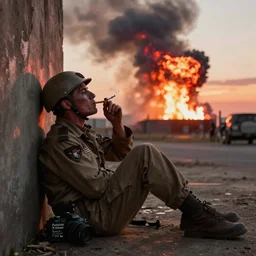A wounded soldier, slumped against the wall, watching the sunset while smoking a cigarette as a nuclear detonation occurs in the background, 50mm lens, Pulitzer Prize Winner 2028, shot on a DSLR