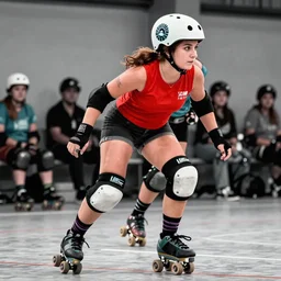 fem-fatal roller derby girl portrait, logo, wearing skating helmet, wearing knee and elbow pads, dynamic pose, Philippe Caza, 3 colour print