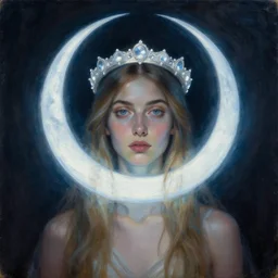 Artemixel, the modern reincarnation of the old selenium god of hunt and moon, also known as Artemis the Selene, carrying the celebrated Crown of the Crescent Moon, wich its usual bright and slightly bluish crescent like the brightness of the night. Portrait by Nicola Samori, oil on canvas