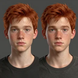 portrait short and stocky of 1 9 - year - old male twins with red hair and freckles, two male, wearing shirts,, hyper realistic face, beautiful eyes, character art, art by mark brooks, hyperdetailed, cryengine, trending on artstation, digital art