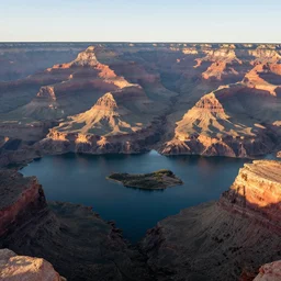 award winning landscape photography of the grand canyon with lake in front with island, wide angle, morning light