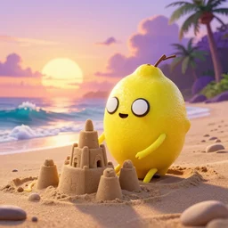 3 d octane render, of a hot anthropomorphic lemon female character inspired by cartoon adventure time, simpsons, monster. inc, with lemon skin texture, she is wearing a hat, building a sandcastle on the beach at sunset, beach, huge waves, sun, clouds, long violet and green trees, rim light, cinematic photography, professional, sand, sandcastle, volumetric lightening