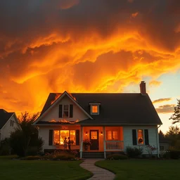 family home on fire, golden hour, storm sky, ultrahd, ultra sharp, hyper detailed, 8 k, shot on 3 5 mm film camera, tumblr aesthetic, wallpaper