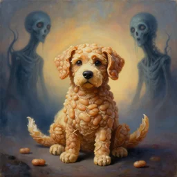 painting of a very cute dog made of baked beans, baked bean skin texture, by zdzislaw beksinski, by dariusz zawadzki, by wayne barlowe, gothic, surrealism, cosmic horror, lovecraftian, cold hue's, warm tone gradient background, concept art, beautiful composition