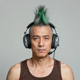 portrait of a man with gray and green mohawk wearing a gray headset and brown tank top, gray and green mohawk, gray headset, brown tank top. art by oliver bonhomme, oliver bonhomme artwork. portrait.