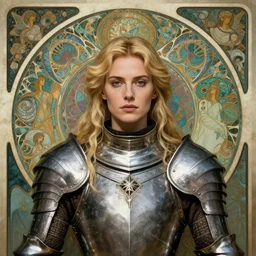 masterpiece head-on symmetrical centered portrait, Elisha Cuthbert as a Gloomhaven templar, wearing steel plate armour over chest, blonde hair, masterpiece fractal art nouveau background, elegant, distant, Pre raphaelite art style, in the style of Edgar Maxence and Ross Tran and Zdzisław Beksiński and Gustave Doré and H.R. Giger and Mucha, specular highlights, 8k, octane render