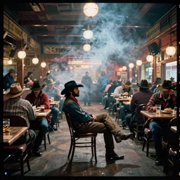 first image from new western film set in oregon, a cowboy slouches in a saloon chair in shadow, crowded saloon, smoke in the air, lush colors, kodak vision 2 0 0 t, anamorphic lens, halation, diffusion, framing, symmetrical, film grain, high contrast