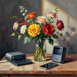 modern still life painting with flowers and electronics drawn by james jean