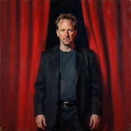 agent dale cooper, red curtains, mysterious!! painting by phil hale, 'action lines'!!!, graphic style, visible brushstrokes, motion blur, blurry